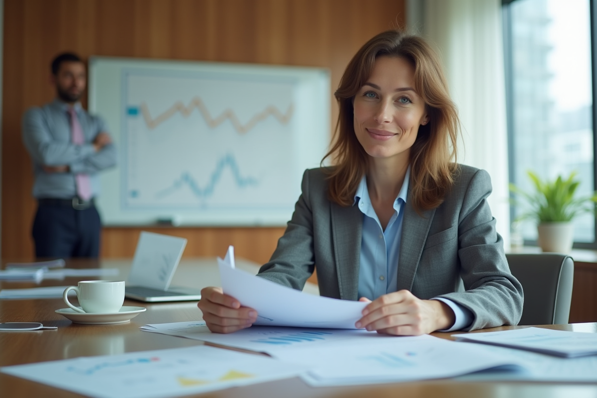 Analyste financière femme examinant des rapports en réunion