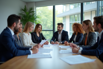 Groupe de professionnels discutant autour d'une table moderne