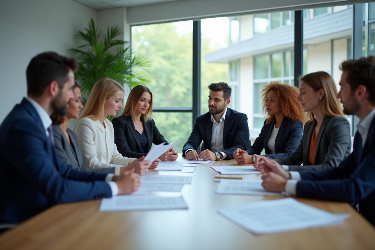 Groupe de professionnels discutant autour d'une table moderne