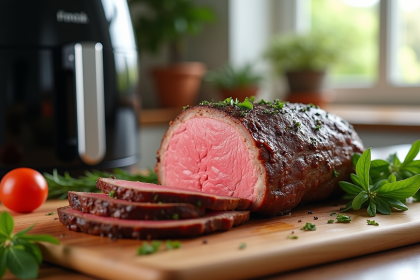 Rôti de boeuf cuit reposant sur une planche en bois avec herbes fraîches