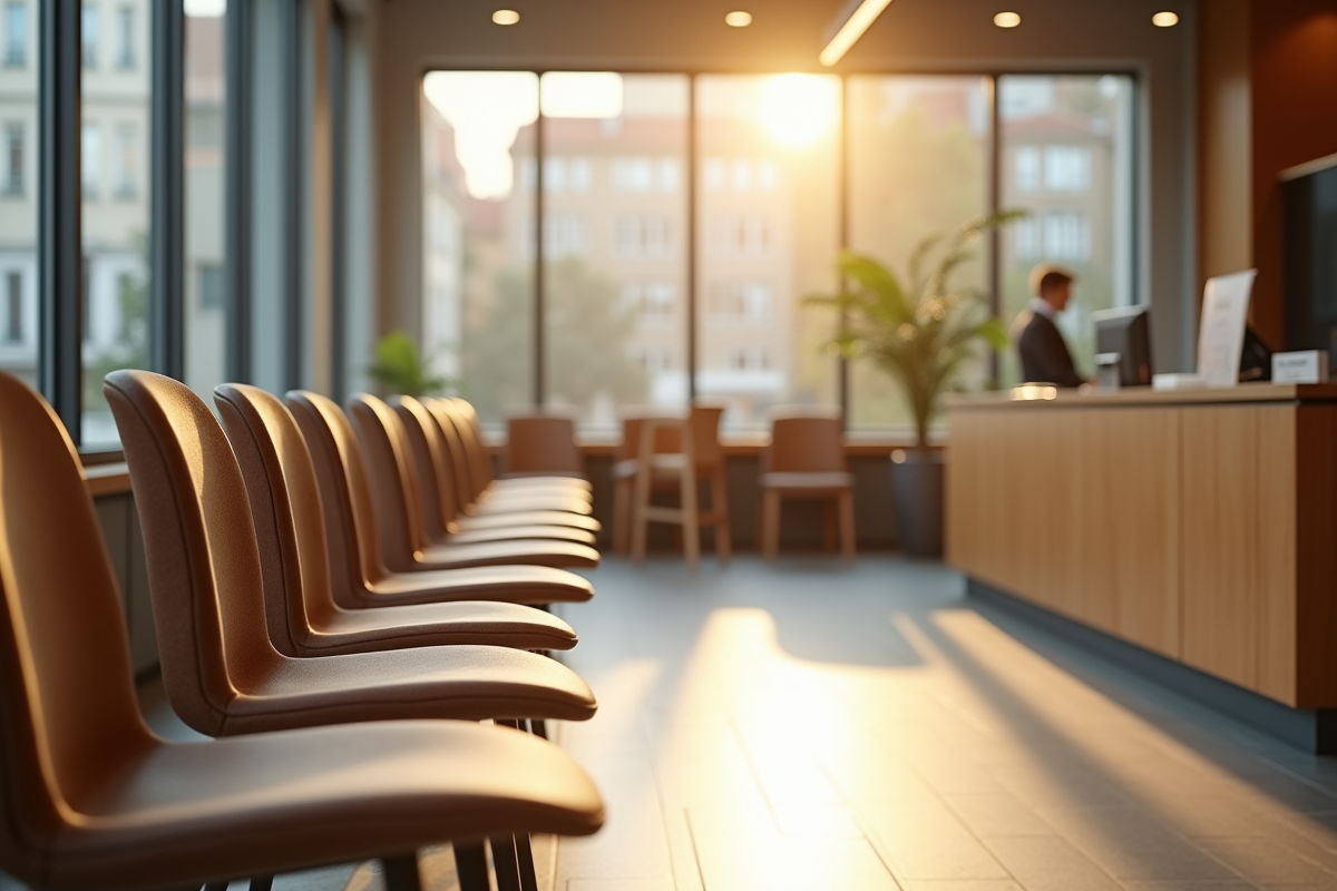 Chaises vides dans une agence bancaire ensoleillée avec bureau en bois