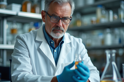 Scientifique en laboratoire examinant un flacon de mercure