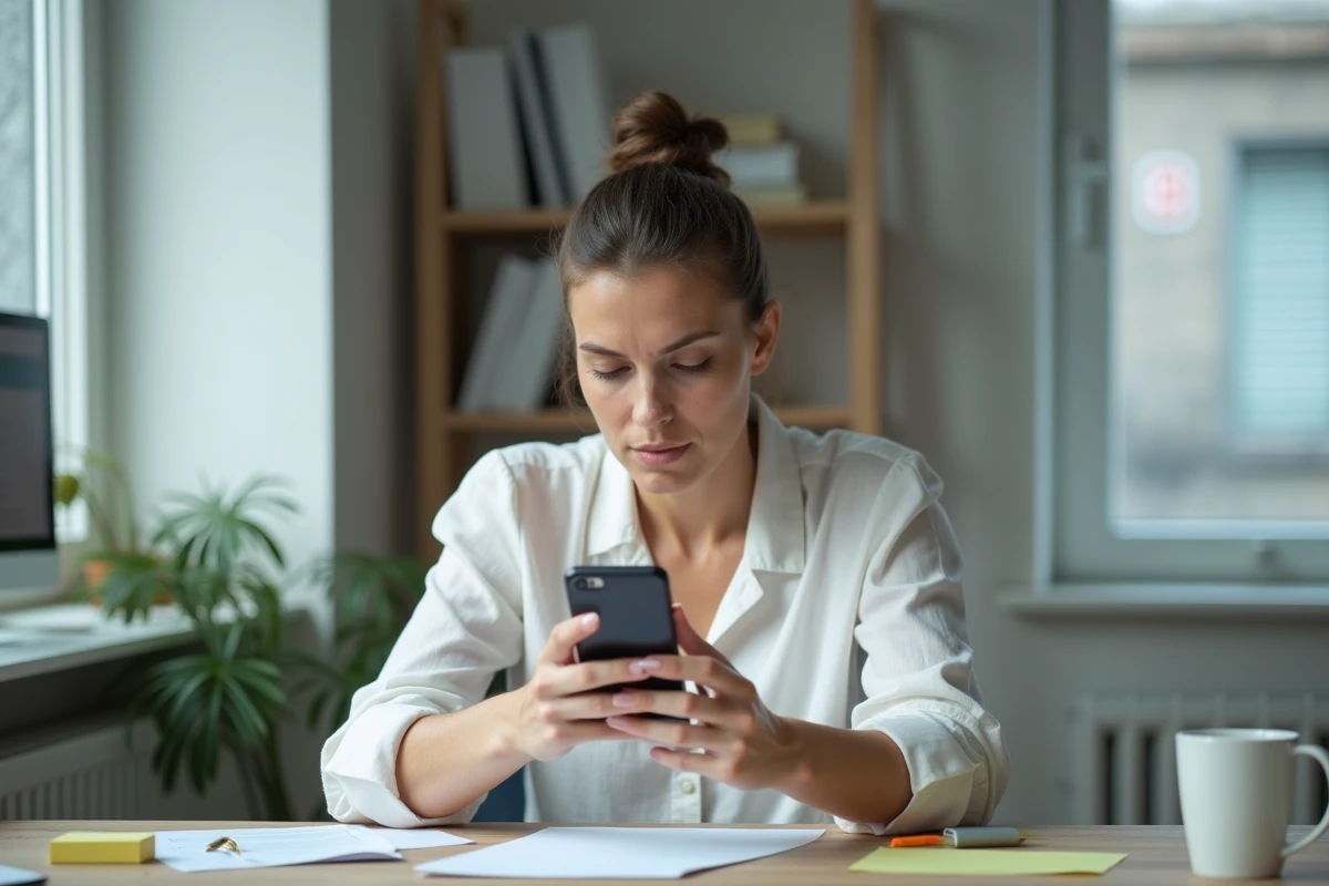 Femme hésitante regardant son smartphone dans un bureau à domicile avant d'envoyer un SMS avec un numéro inconnu