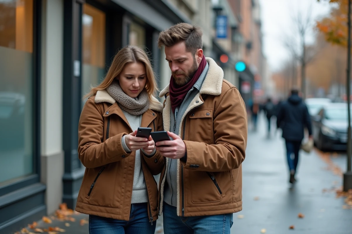 Deux personnes consultant un smartphone en ville pour comprendre les risques d'envoyer des SMS anonymes avec un faux numéro