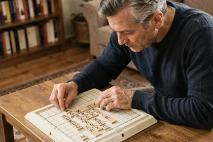 Joueur de Scrabble adulte réfléchissant à sa stratégie de premier coup sur un plateau classique en bois