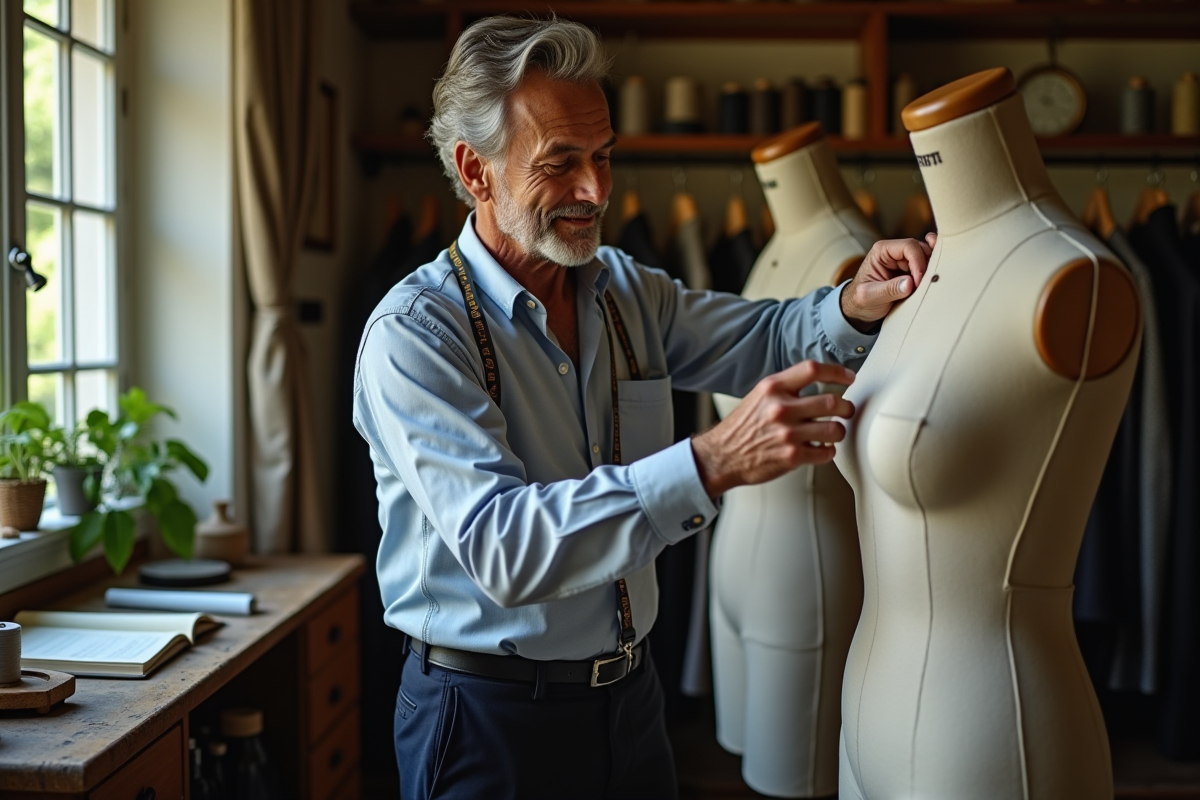Tailleur expérimenté ajustant un vêtement dans son atelier