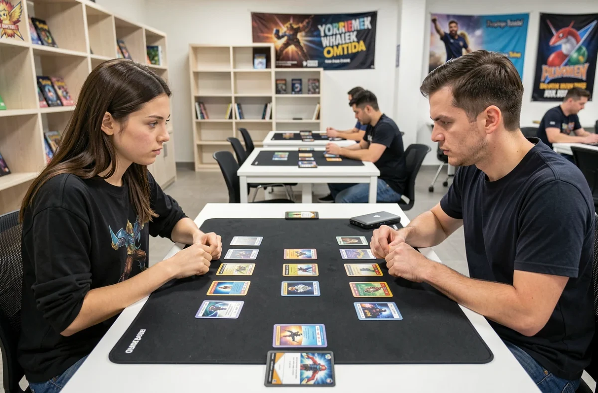 Deux joueurs adultes s'affrontent lors d'un tournoi de JCC Pokémon avec des cartes de l'extension Rivalités Destinées disposées sur un tapis de jeu officiel