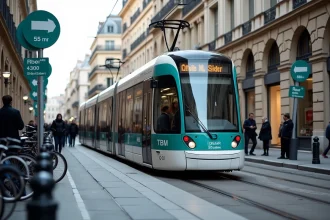 Tram de Bordeaux TBM à l'arrêt avec passagers et signalétique des lignes et parkings relais