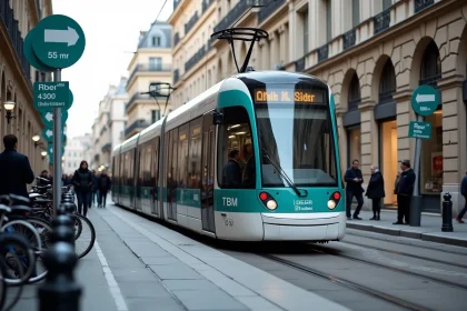 Tram de Bordeaux TBM à l'arrêt avec passagers et signalétique des lignes et parkings relais