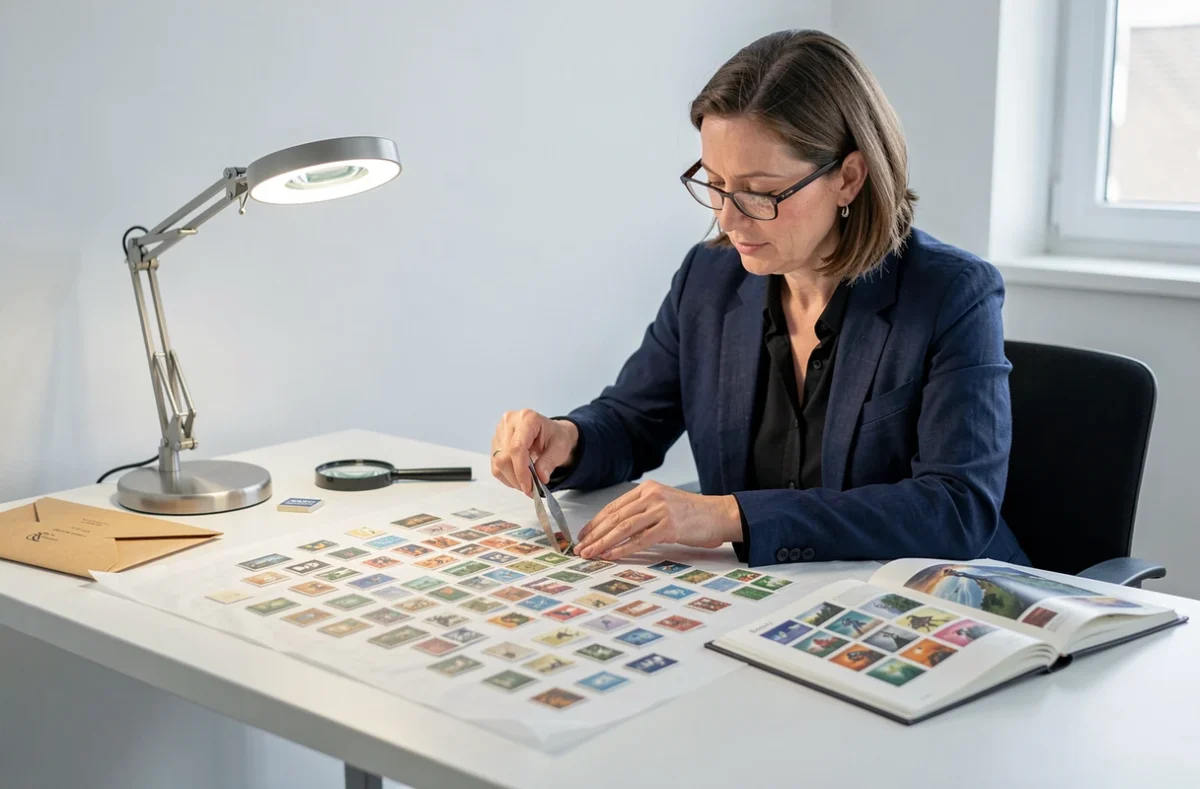 Femme triant une collection de timbres hérités avec des pinces philatéliques et un catalogue