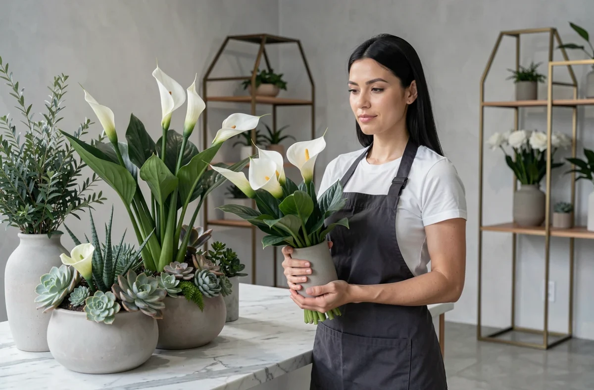 Florist d'Un Zest d'Arum tenant une composition raffinée de lys arum dans un studio floral minimaliste aux tons gris et blanc