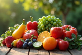 Assortiment de fruits et legumes en V sur une table en bois
