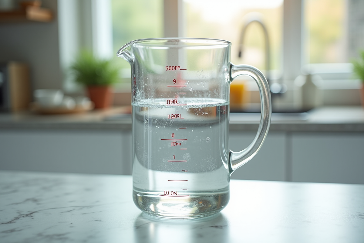 Verre doseur rempli d'eau sur plan de cuisine lumineux