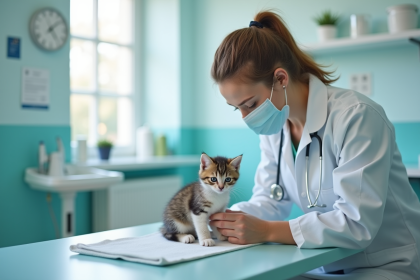 Vétérinaire examinant un chaton dans une clinique propre