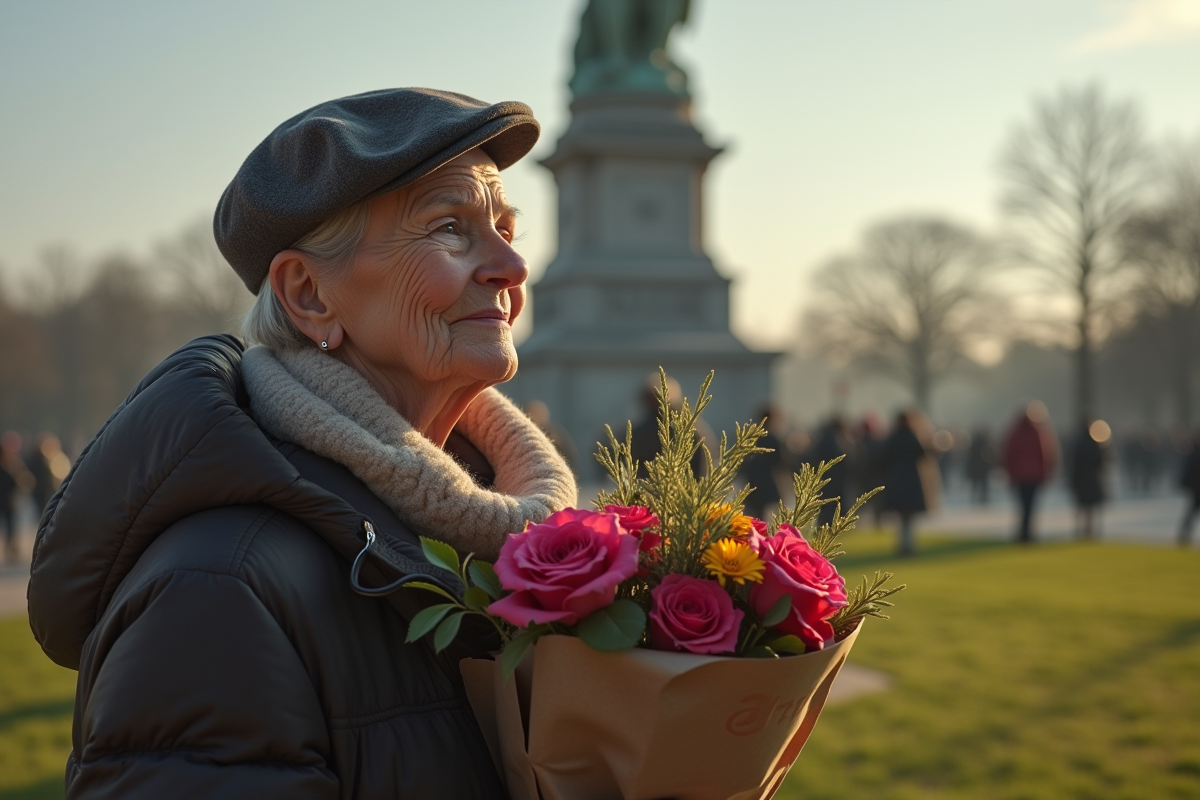 Activiste âgé tenant des fleurs près d un monument historique